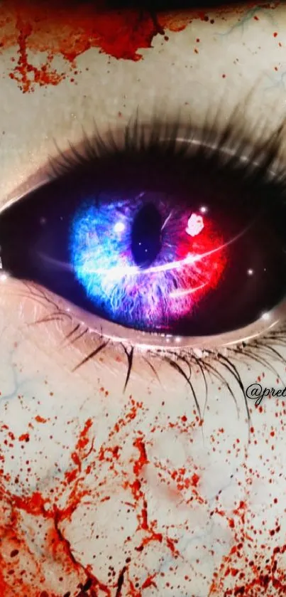 Cosmic eye with vibrant red and blue hues on a textured background.