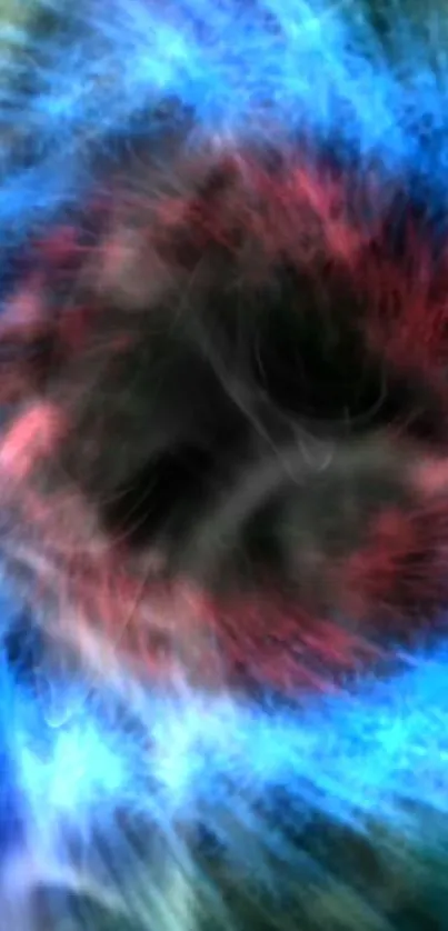 Colorful cosmic eye design with swirling blue and red.