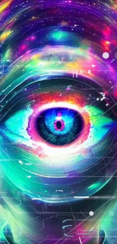 Vibrant cosmic eye wallpaper with neon colors and futuristic patterns.