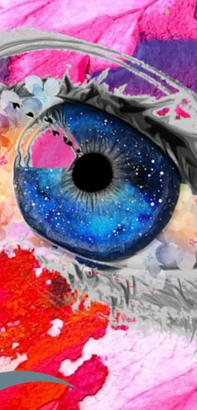 Colorful abstract eye wallpaper with cosmic elements and vibrant colors.