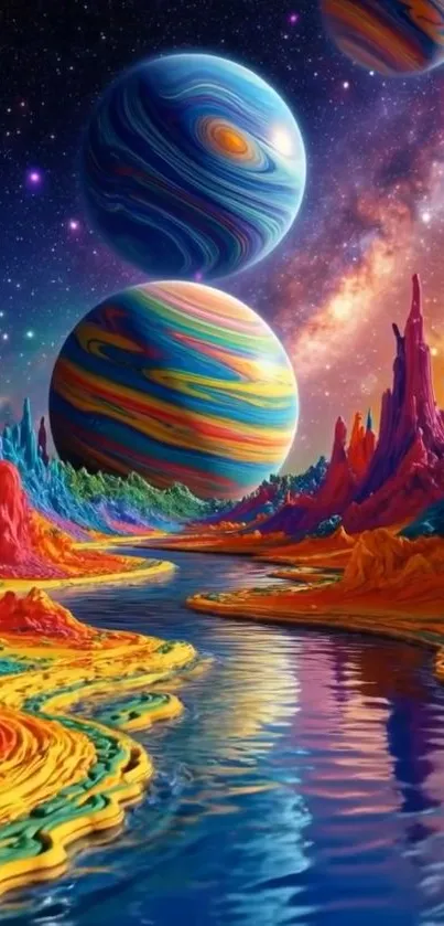 Vivid cosmic landscape with colorful planets and surreal terrain.