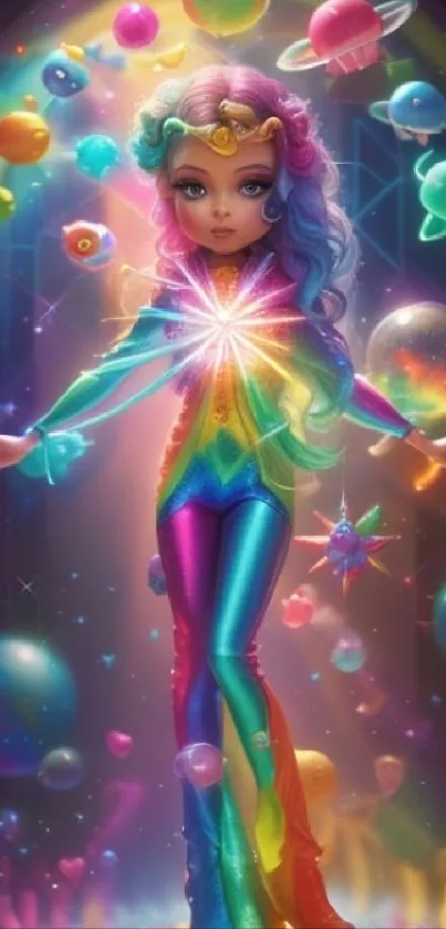 Vibrant cosmic girl in rainbow costume surrounded by planets.