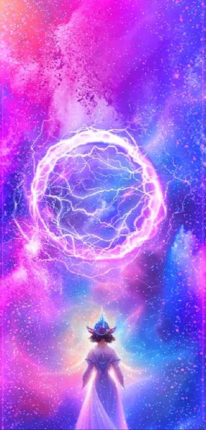 Ethereal figure in vibrant cosmic art with neon energy circle above.