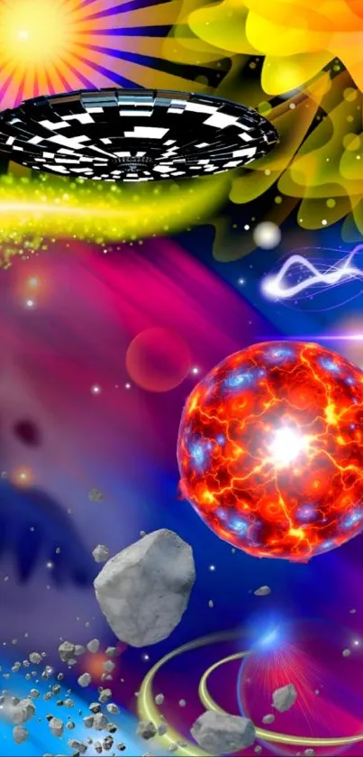 Colorful cosmic fantasy wallpaper with celestial elements.
