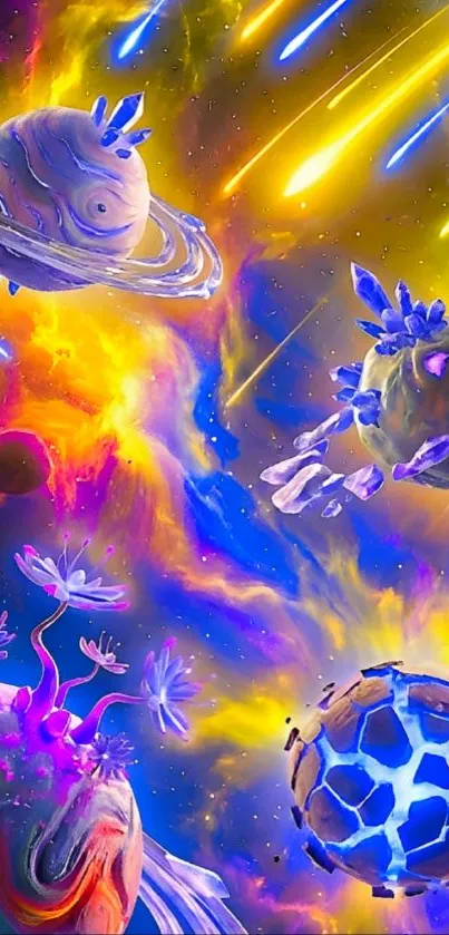 Colorful fantasy art of planets and meteors in space.