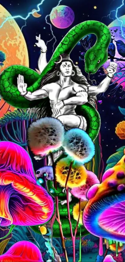 Psychedelic cosmic art with neon mushrooms and mythical figures.