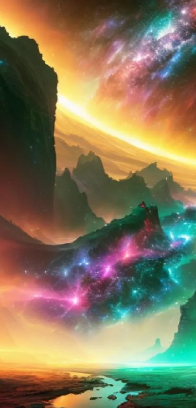 Colorful cosmic fantasy wallpaper with vibrant galaxies and mystical mountains.