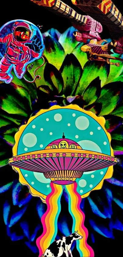 Colorful cosmic wallpaper with astronaut, UFO, and rainbow over floral background.