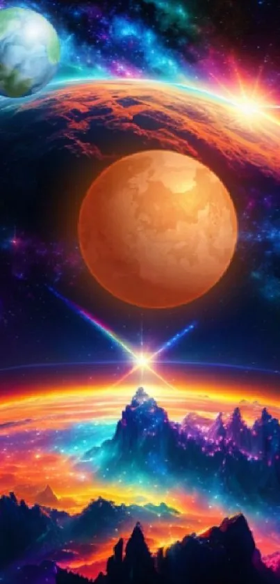 A vibrant cosmic fantasy wallpaper with colorful planets and glowing nebulae.