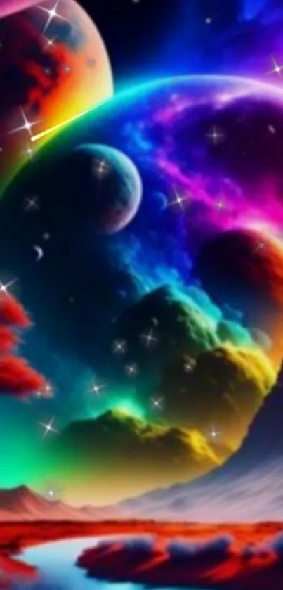 Vibrant cosmic fantasy wallpaper with colorful planets and stars.