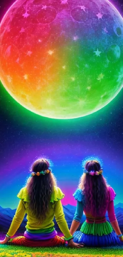 Two girls gaze at a colorful moon amidst a vibrant night sky and floral field.
