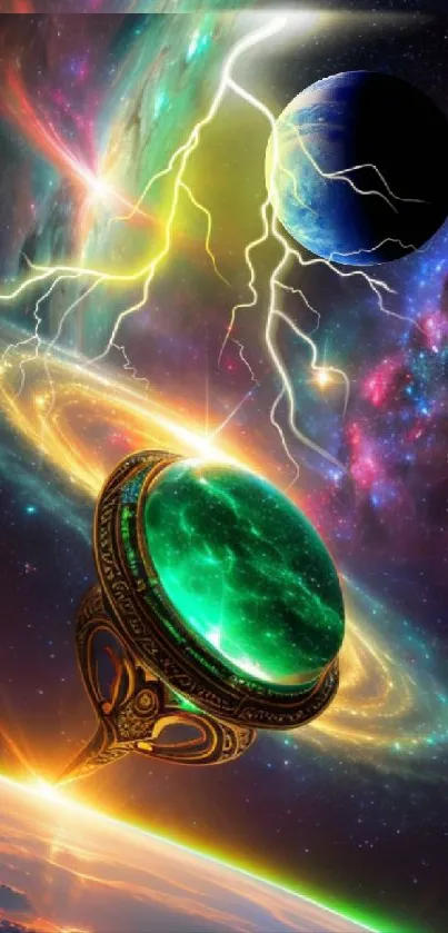 Cosmic fantasy wallpaper with a vibrant, electrifying nebula and celestial planets.