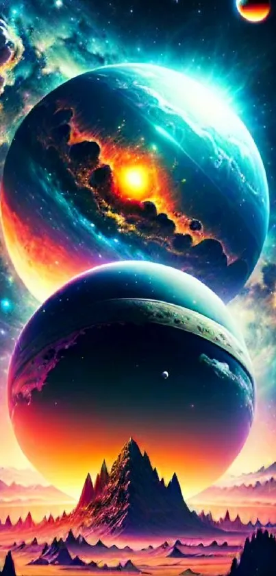Vibrant cosmic fantasy wallpaper with planets and nebulae.