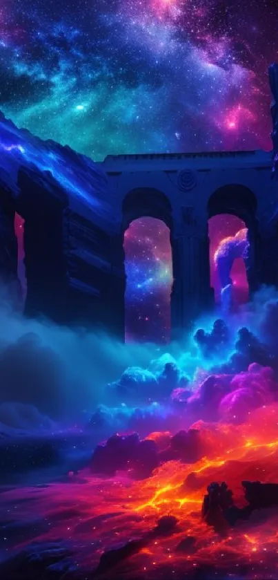 Cosmic fantasy scene with vibrant purple and pink hues, mystical elements depicted.