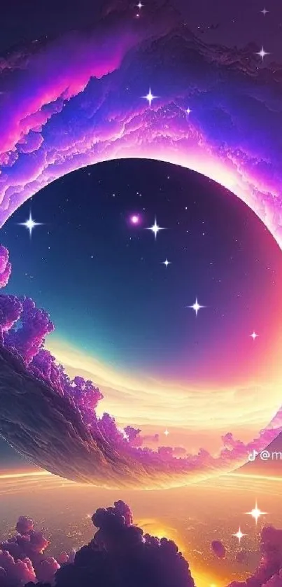 Vibrant cosmic fantasy mobile wallpaper with surreal celestial landscape.