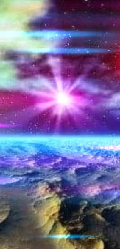 Vibrant cosmic fantasy wallpaper with stars and colorful galaxies.