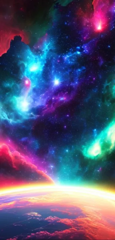 Vibrant cosmic wallpaper with colorful nebula and radiant planet.