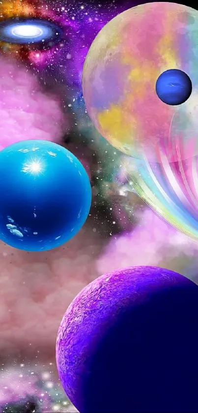 Vibrant cosmic fantasy wallpaper with colorful planets and starry galaxy.