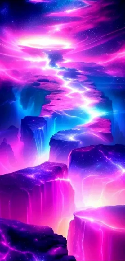 Vibrant cosmic fantasy wallpaper in pink and purple hues.