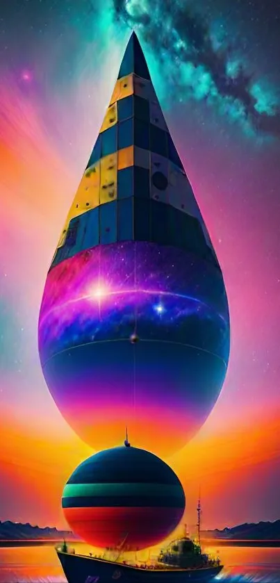 Colorful cosmic fantasy illustration with vibrant abstract shapes and a ship.