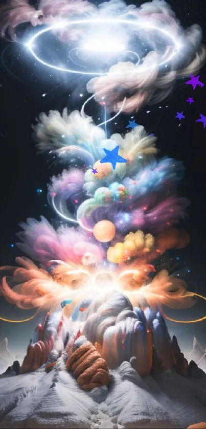 Vibrant cosmic fantasy wallpaper with colorful digital art elements.