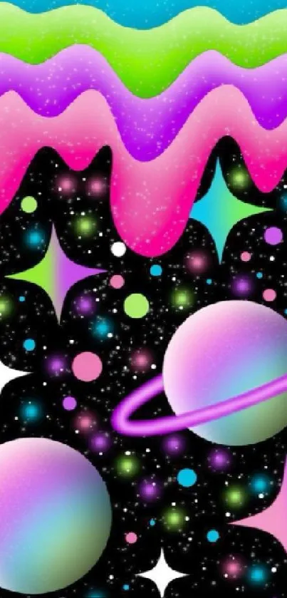 Colorful cosmic wallpaper with neon planets and stars in a fantasy art style.