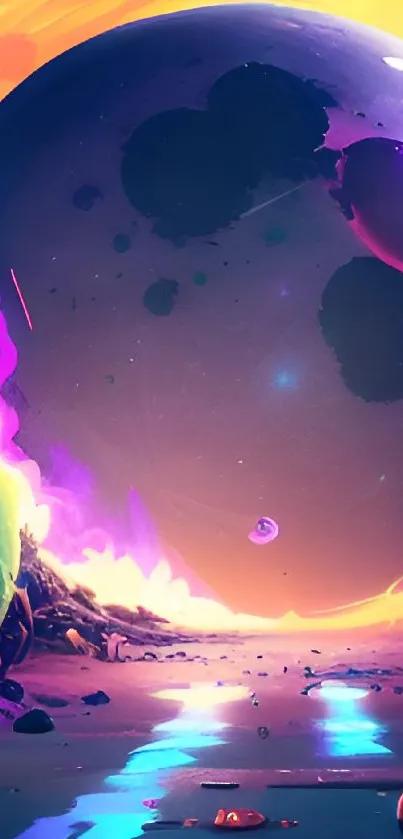 Colorful cosmic wallpaper with planets and surreal landscape.