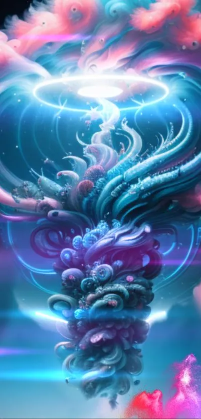 Fantasy cosmic wallpaper with vibrant swirling colors and celestial design.