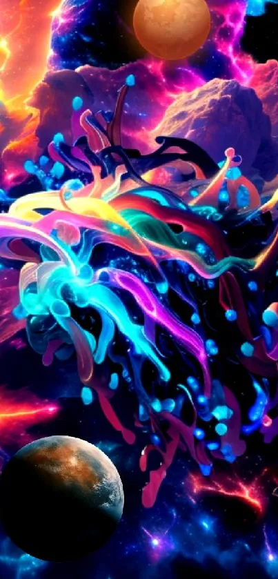 Vibrant cosmic fantasy wallpaper with swirling colors and planets.