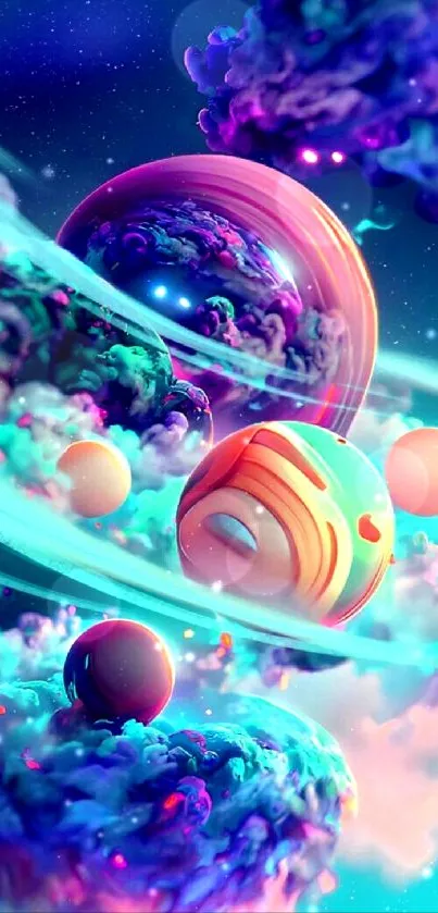 Vibrant cosmic fantasy wallpaper with colorful planets and nebulas.