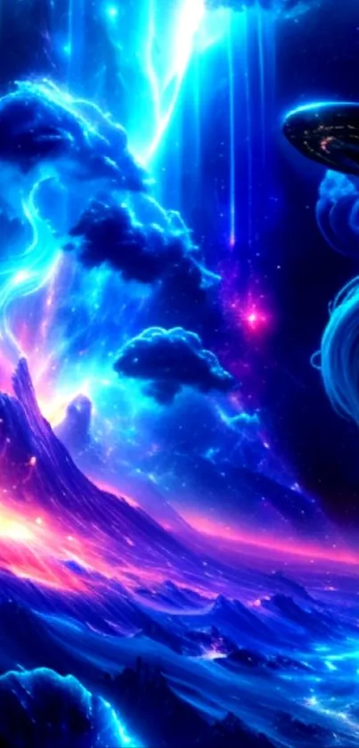 Colorful cosmic fantasy scene with vibrant nebulas and celestial elements.