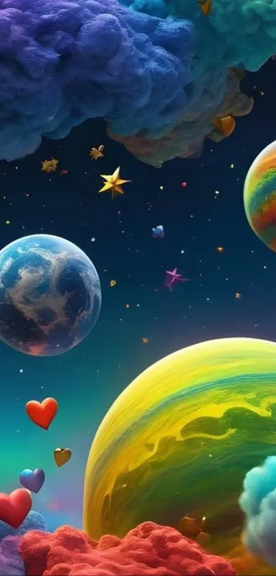 Colorful cosmic fantasy wallpaper with whimsical planets and clouds.
