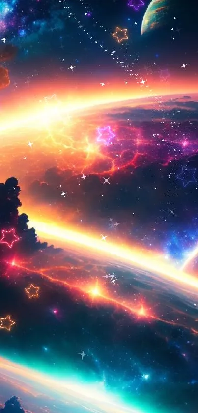 Cosmic fantasy wallpaper with vibrant planets.
