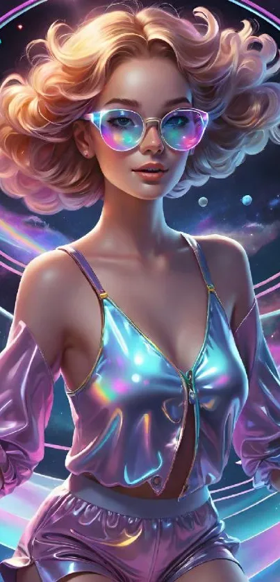 Illustration of a woman in futuristic fashion with cosmic background.