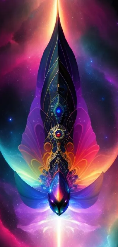 Vibrant cosmic feather art wallpaper featuring radiant colors and intricate patterns.