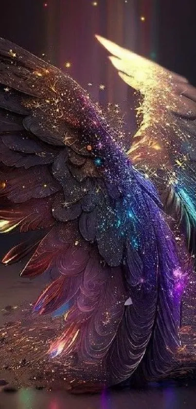 Vibrant cosmic feathered wings with radiant colors and artistic flair.