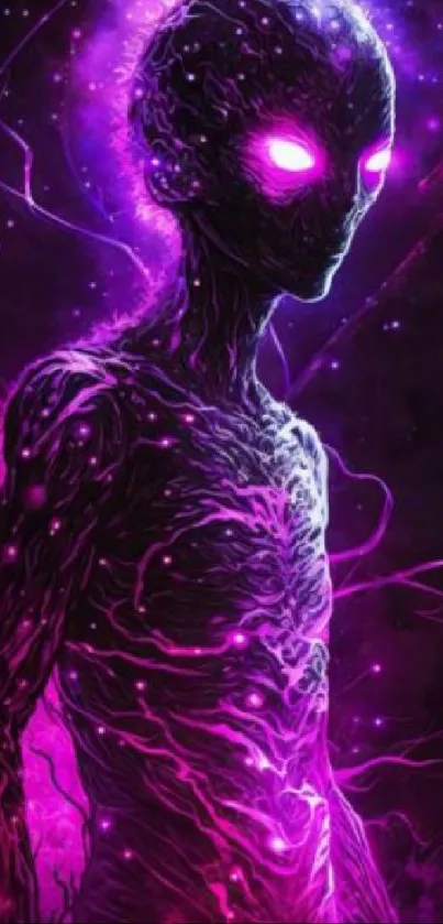 Alien-like figure with glowing purple aura on dark background.