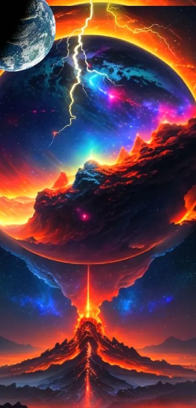 Vibrant cosmic firestorm with glowing planet and fiery colors on mobile wallpaper.
