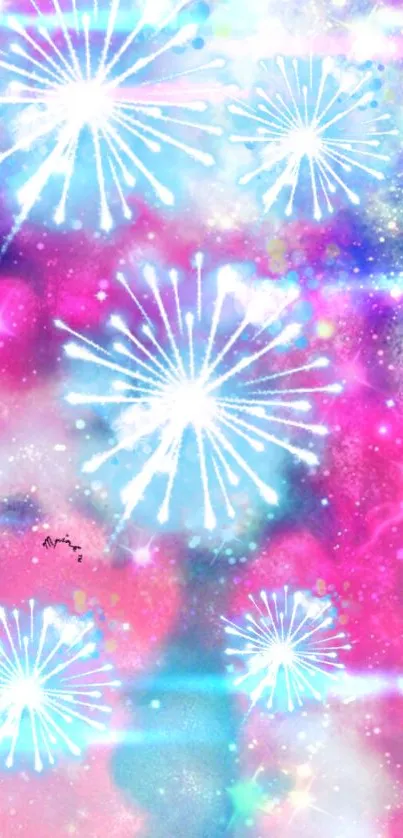 Colorful cosmic fireworks wallpaper in pink and blue hues with sparkling stars.