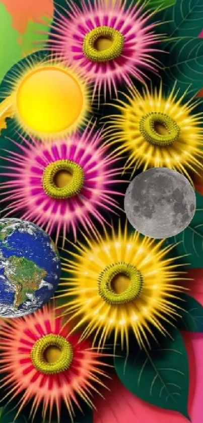 Vibrant cosmic flowers with Earth and Moon elements on colorful background.