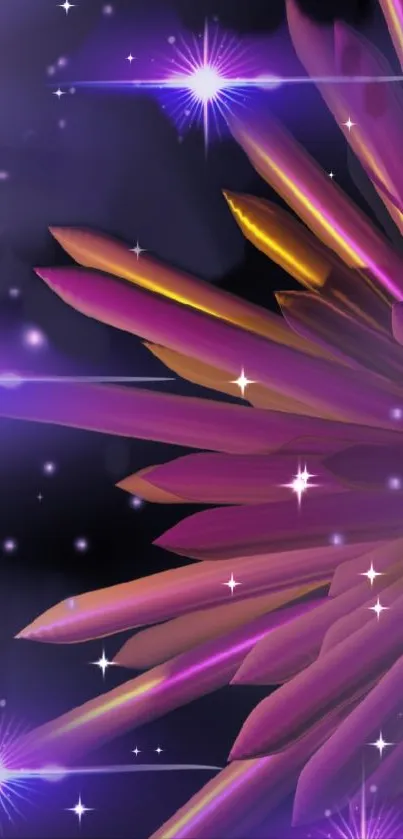 Purple and gold cosmic floral wallpaper with a starry background.