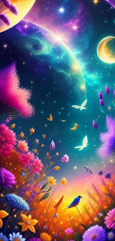 Vibrant fantasy wallpaper with cosmic flowers and starry sky.