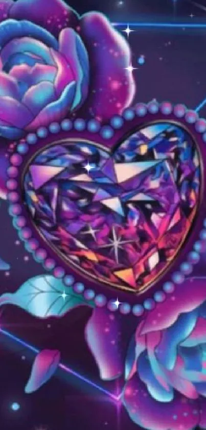 Vibrant cosmic floral heart with neon and diamond design.