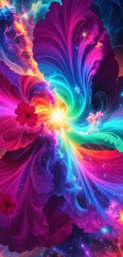 Vibrant cosmic floral swirl wallpaper with galaxy theme.