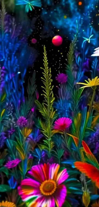 Vivid floral cosmic landscape wallpaper with vibrant colors.