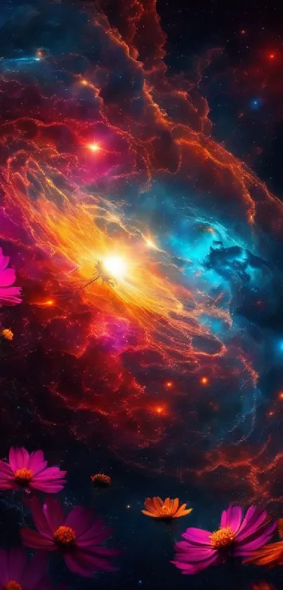 Vibrant flowers and cosmic galaxy blend in this captivating mobile wallpaper.