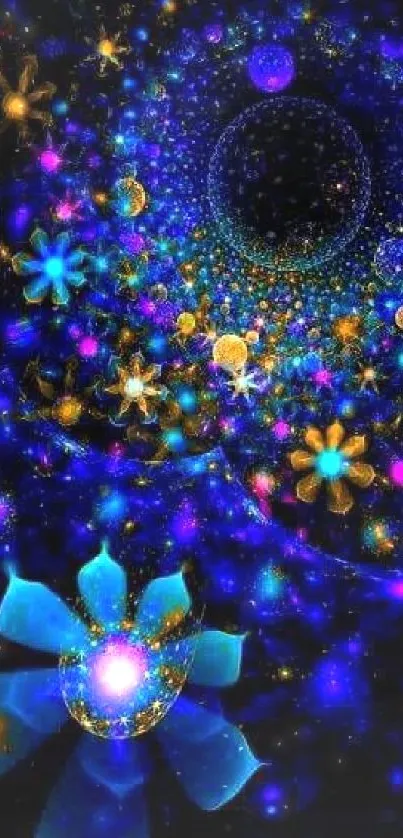 Abstract cosmic floral wallpaper with vibrant blue and yellow hues.