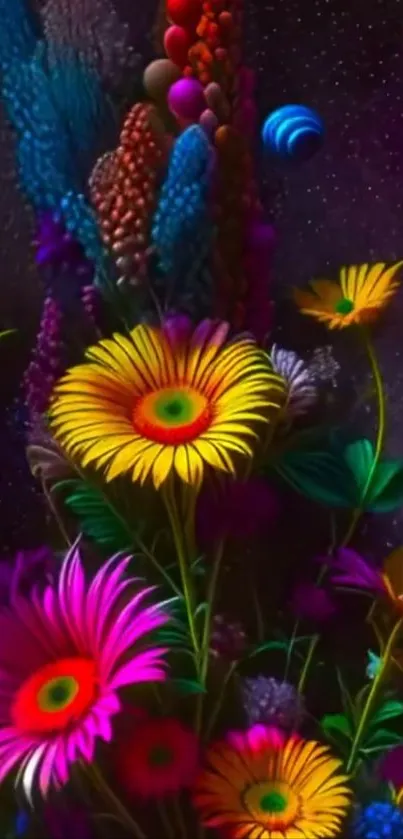 Vibrant flowers against a cosmic background