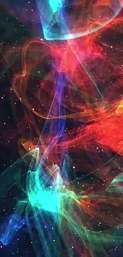 Vibrant cosmic flow wallpaper with swirling colors and stars.