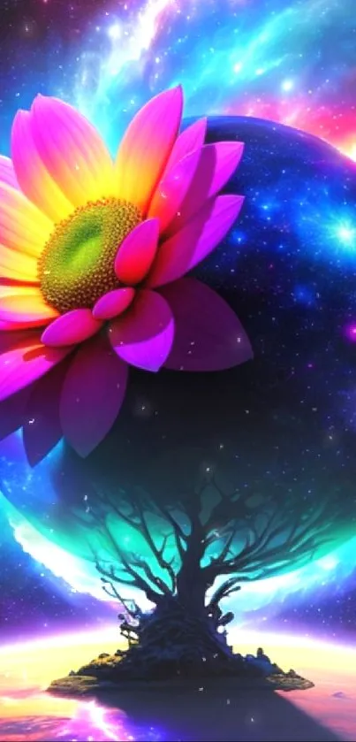 Vibrant cosmic scene with a glowing flower against a galaxy backdrop.